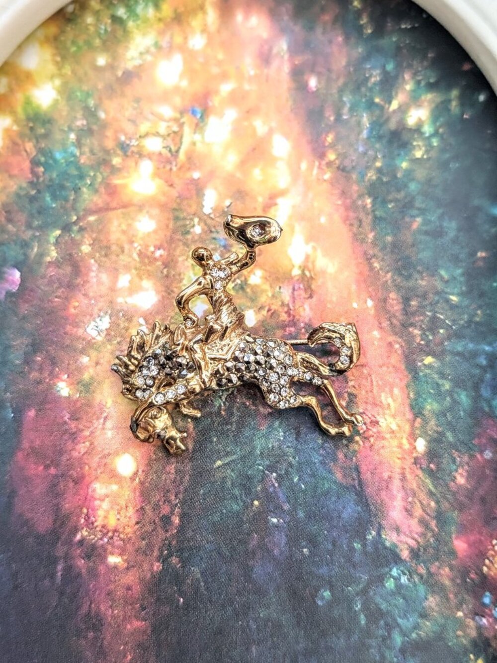 Vintage Mid-Century Bucking Bronco Cowboy on Horse Brooch with Pyrite